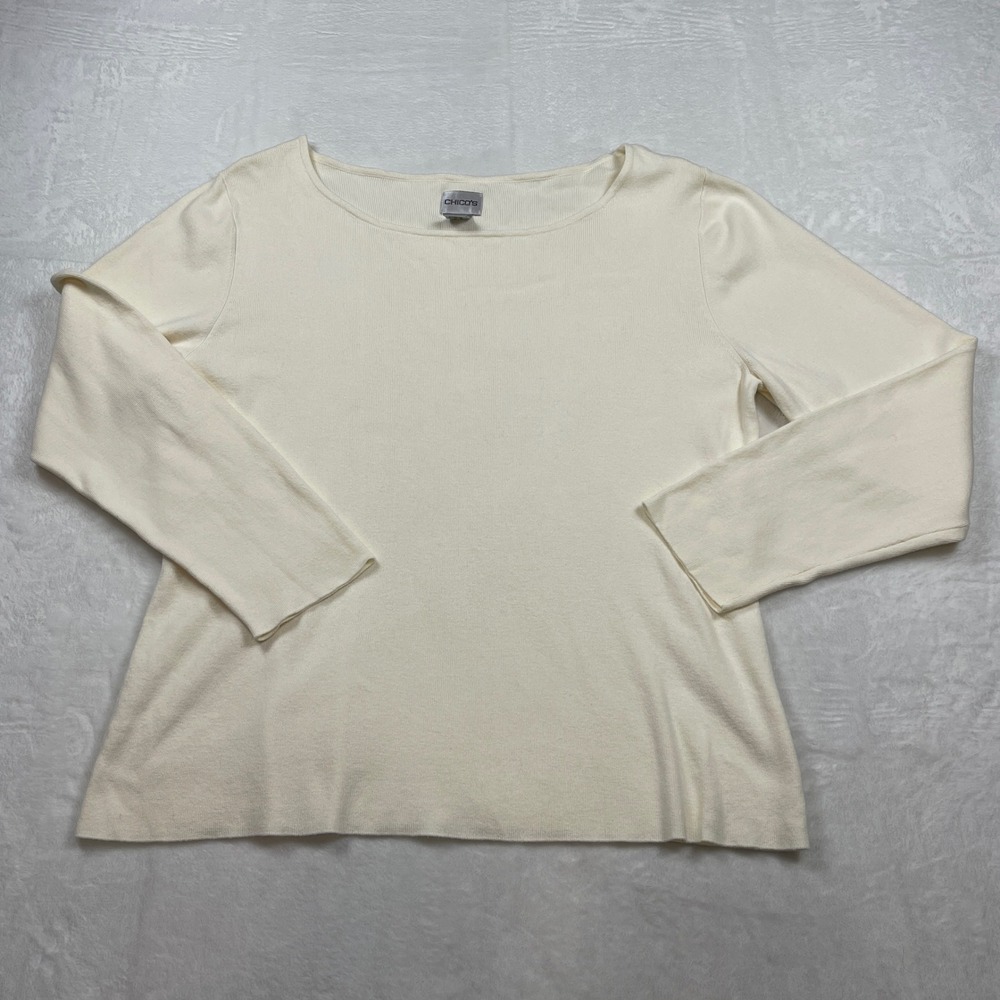 Chicos Cream Boat Neck Long Sleeve Sweater Size 3 (XL) Off White Old Money